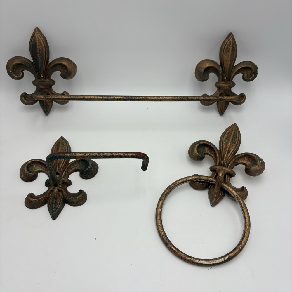 Fleur de Lis 3pc Bathroom Set Towel Bar Ring TP Holder Aged Gold